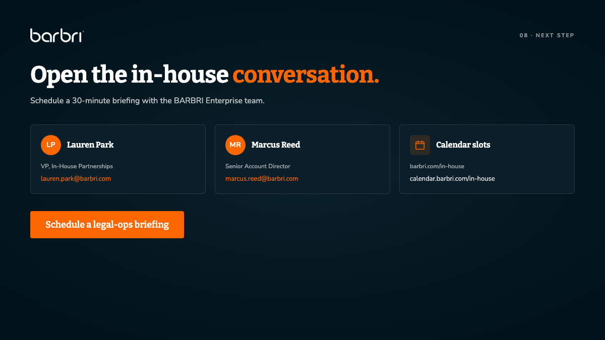 Slide 8: Schedule a legal-ops briefing